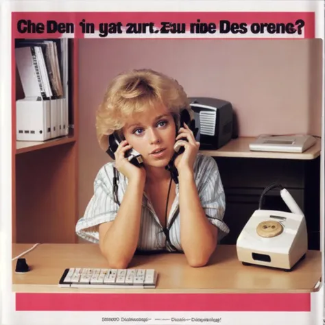 a scan detailed scan of an 80s magazine <lora:BeateUhseKatalog-v1.0:1> beateuhsekatalog, english text, 1girl <lora:Willow:.6>, blonde hair, pubic hair , 80s cord telephone, calling, in an office, legs on table, drailed, <lora:more_details:.3>