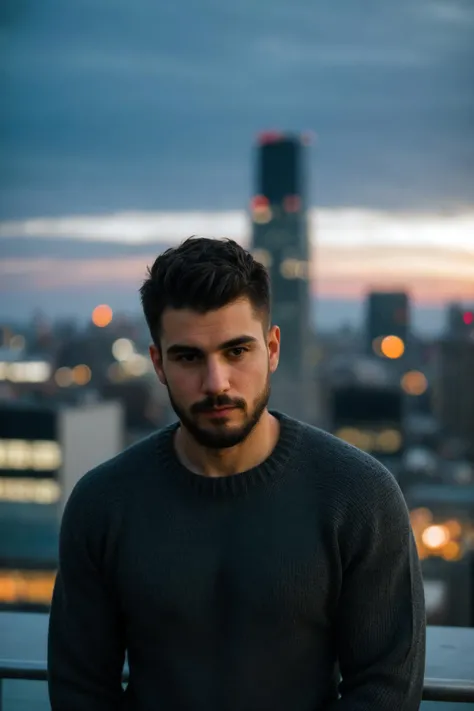 closeup photo of a man wearing fitted sweater, facial hair, blurred city skyline, urban rooftop, twilight, natural light, city lights, depth, subtle backdrop, intense and introspective mood, soft diffused natural light, warm artificial sidelight, moody atmosphere, skin texture, modern (rugged:0.4) aesthetic, thoughtful expression, charismatic