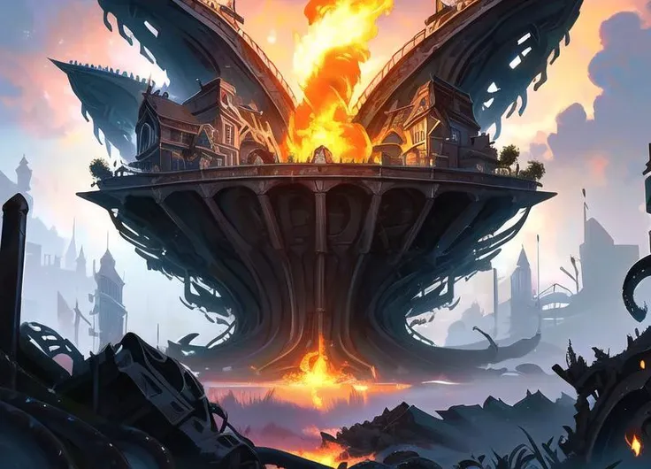 nilsunna, (tentaclepunk style architecture:1.3), incredibly absurdres, concept art, best quality, perfect lighting, illustration, panorama, fire, finely detailed background, amazing background