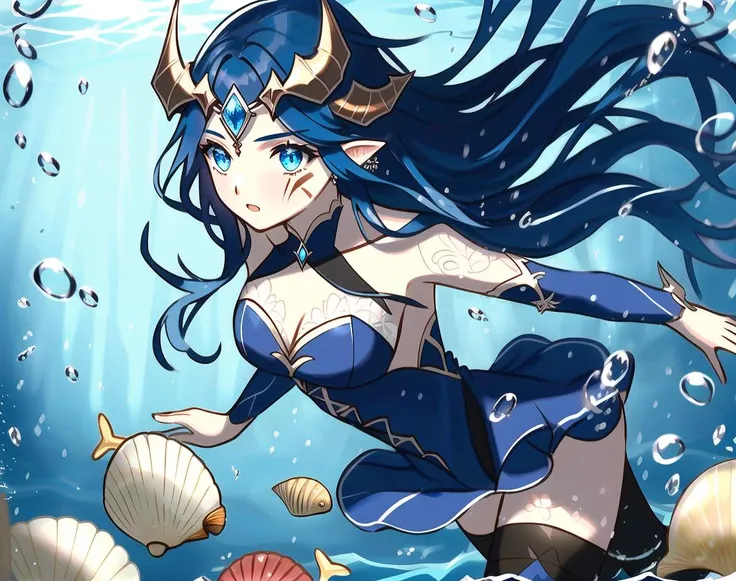 nilsunna, 1girl, solo, looking at viewer, aqua eyes, blue eyes, horns, aqua hair, blue hair, black hair, long hair, colored inner hair, hair flaps, blue gemstone, ((forehead jewel)) and (seashell circlet:1.2), ((shell)), ((forehead mark)), gem, breasts, chest tattoo, tattoo, strapless, bodysuit, blue legwear, off shoulder, pantyhose, thighhighs, floating in underwater, swimming, underwater city, bubbles, fish