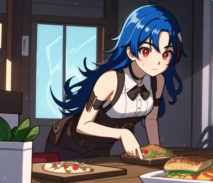 nilsunna, tarpunk style, incredibly absurdres, concept art, best quality, perfect lighting, illustration, lower body and (leaning forward:1.1), looking at viewer, teenage female character, 1girl, (looking down and food awe), medium breasts, dark blue hair and brown streaked hair, asymmetrical bangs, chonmage, red eyes, wearing (science fiction style kusazuri and codpiece:1.1), indoors, finely detailed background, amazing background