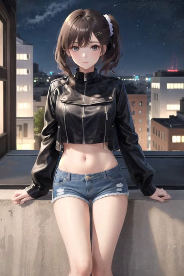 (1girl), (solo), solo focus, hair scrunchie, hairpin, sidelocks, brunette, leather jacket, denim shorts, building, rooftop, night sky, contrapposto,