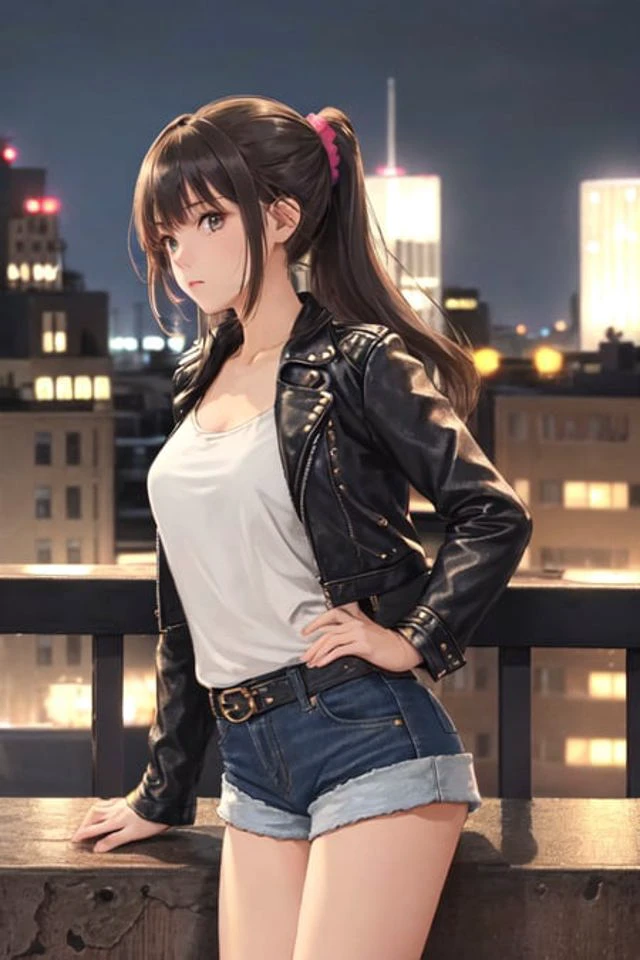 (1girl), (solo), solo focus, hair scrunchie, hairpin, sidelocks, brunette, leather jacket, denim shorts, building, rooftop bar, night sky, (contrapposto), standing,