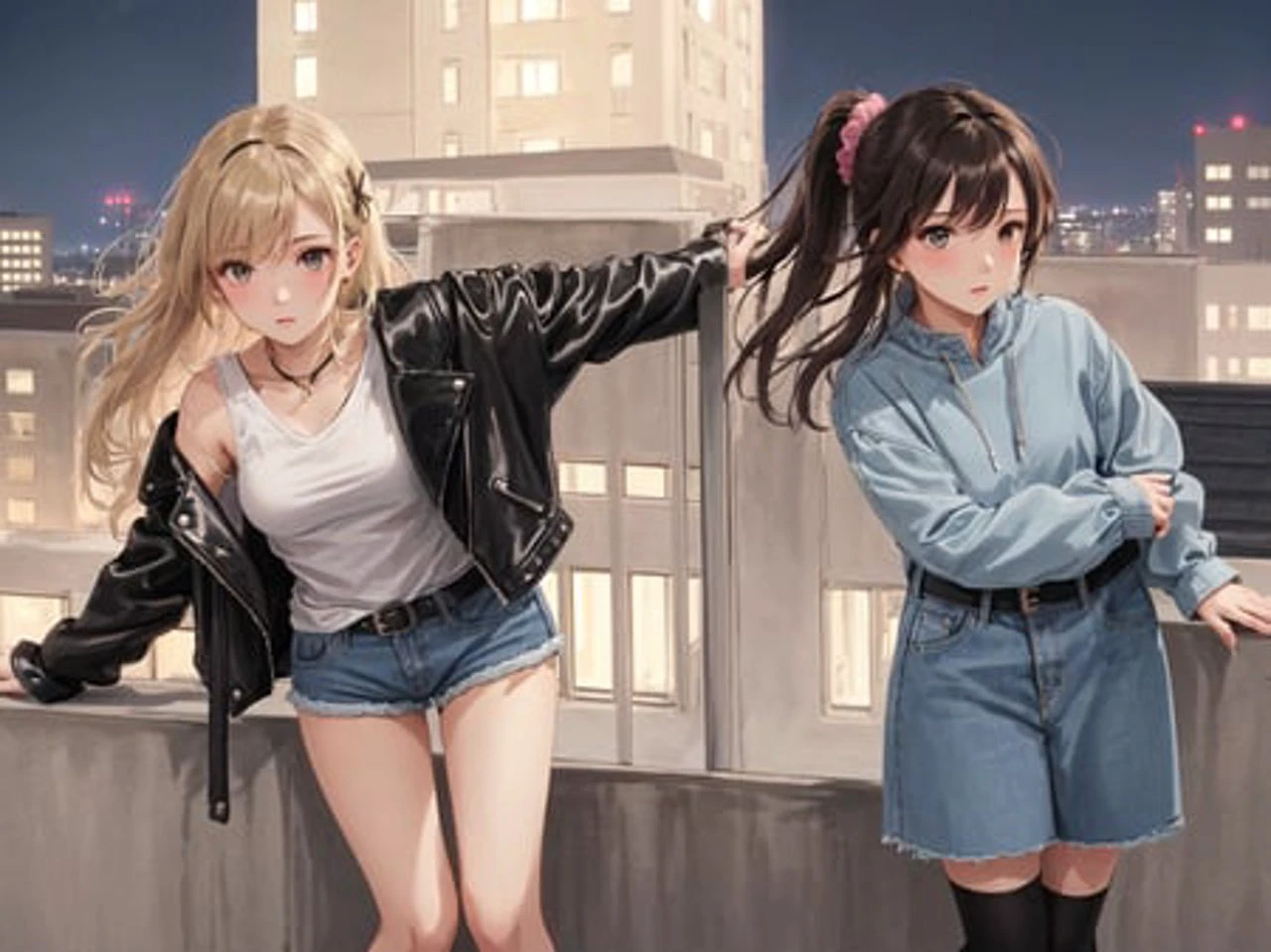 (1girl), hair scrunchie, hairpin, sidelocks, brunette, leather jacket, denim shorts, building, rooftop, night sky,