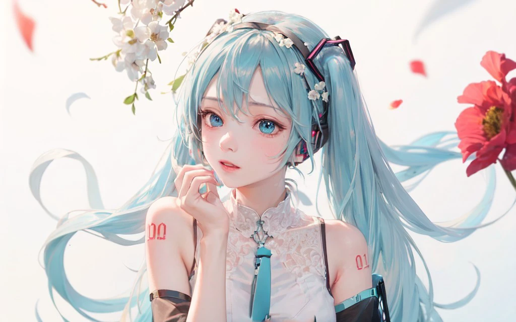 1, masterpiece, dreamy, intricate details, studio photography, cinematic light, high brightness, depth of field, bright, light, pastel, colorful, vibrant, luminous, sunny, bright and vibrant, high-key, vivid,depth of field,
1girl, (hatsune miku:1.5), long hair, shiny hair, upper body, light particles, green glowing Note Hair Clipflower, blue eyes, Luminous Ornaments,red tattoo,strap slip,  blue hair,   hand on own cheek, <lora:Ys`'SUbKOY
handfix:0.3>