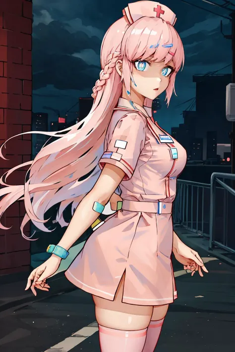 <lora:BiancaV1-000130:0.9>, Bianca, 1girl, nurse_cap, pink nurse_uniform, hair_ornament, blue_eyes, pink_pupils, long_hair, bandaids, blue_thighhigh, pink_thighhigh, mismatched_legwear, standing, cowboy_shot