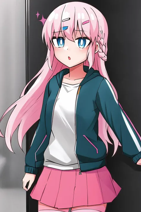 <lora:BiancaV1-000130:0.9>, Bianca, 1girl, thighhighs, blue_eyes, pink_pupils, skirt, long_hair, bag, pink_skirt, hair_ornament, braid, jacket