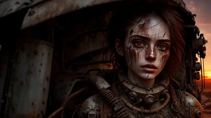 realistic photo modelshoot style, (detailed face), (woman waifu in a cramped rusty hydraulic mech exoskeleton), sunset, oily, sweaty, dirty, ripped, post-apocalyptic
<lora:stf:1.0>