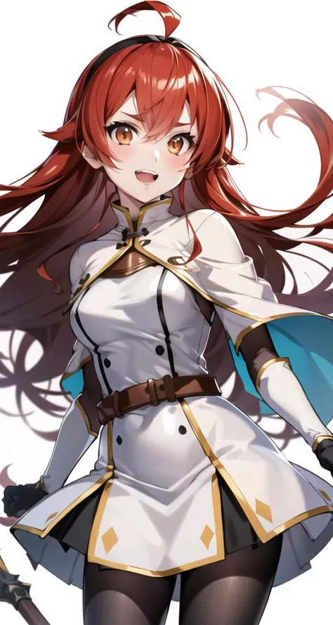 1girl, eris greyrat, long hair, solo, weapon, red hair, open mouth, gloves, hairband, red eyes, ahoge, simple background, smile, hair between eyes, very long hair, black hairband, bangs, eyebrows visible through hair, long sleeves, breasts, teeth, cowboy shot, floating hair, v-shaped eyebrows, looking away, upper teeth, orange eyes, blush, white capelet, looking to the side, sidelocks, shirt, standing, headband, white jacket, breastplate, leaning forward, belt, dress, brown eyes, shiny, shiny hair, capelet, white shirt, jacket, wide sleeves, medium breasts, v arms, contrapposto, short sleeves, white dress, looking at viewer, black headband, black legwear, round teeth, skirt, sheath, brown belt, brown hair, crossed bangs, upper body, thighs, bodysuit, head tilt, alternate costume, elbow gloves
<lora:ErisGreyrat:0.8>