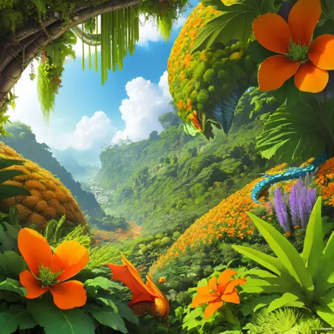 <lora:Mega flora:0.4> best quality, mega flora, dragon, wings, irradecent, scales, (jungle:1.2), fennel, orange flowers, canopy, lush jungle