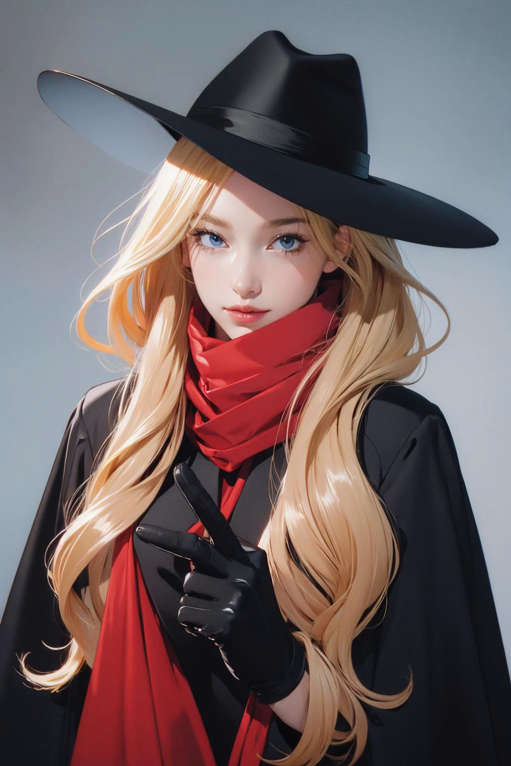 1girl, hat, mask, fedora, trench coat, red scarf, cape, black gloves, <lora:TheShadowLora:0.6>, blonde hair, blue eyes, <lora:GoodHands-vanilla:0.8>