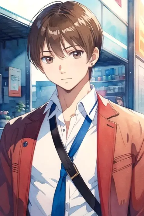masterpiece, best quality, game cg, 1boy, solo, male focus, looking at viewer, upper body, , (watercolor illustration, soft pastel colors:1.1), realistic, <lora:haruka_fukagawa:0.66>, haruka_fukagawa, brown hair, brown eyes, captain costume, hut,