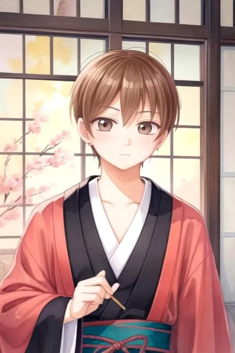 masterpiece, best quality, high quality, 1boy, solo, male focus, looking at viewer, upper body, <lora:souta_mochizuki:0.58>, souta_mochizuki, brown hair, brown eyes, , yukata