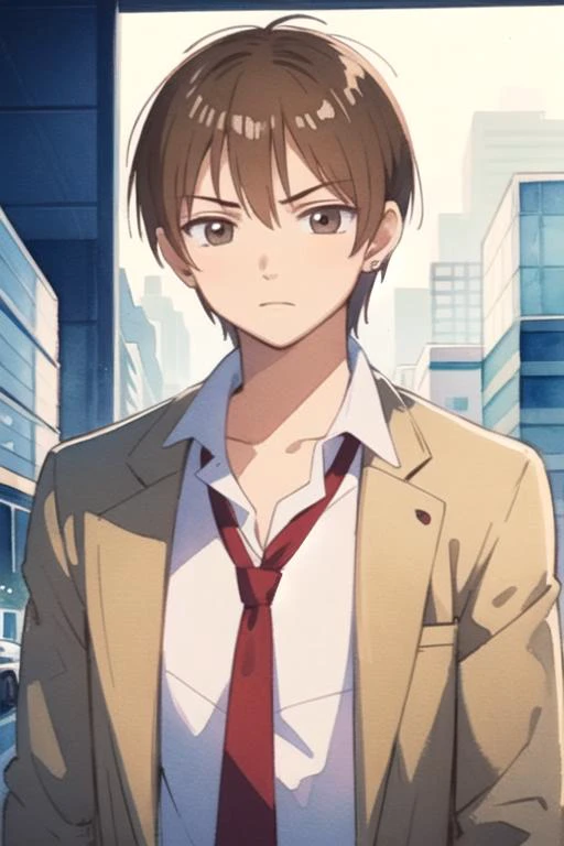 masterpiece, best quality, sketch, 1boy, solo, male focus, looking at viewer, upper body, depth of field, (watercolor illustration, soft pastel colors:1.1), , <lora:haruka_fukagawa:0.74>, haruka_fukagawa, brown hair, brown eyes, , science fiction apocalyptic and post-apocalyptic, 8k resolution