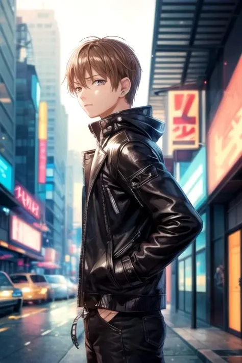 masterpiece, best quality, , 1boy, solo, male focus, looking at viewer, , depth of field, anime coloring, , <lora:haruka_fukagawa:0.70>, haruka_fukagawa, brown hair, brown eyes, biker costume, cyberpunk, 32k resolution