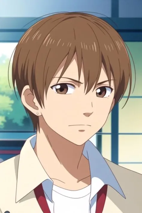 masterpiece, best quality, movie still, 1boy, solo, male focus, looking at viewer, , depth of field, anime coloring, realistic, <lora:haruka_fukagawa:0.66>, haruka_fukagawa, brown hair, brown eyes