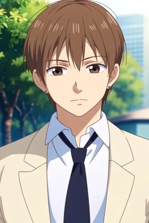 masterpiece, best quality, game cg, 1boy, solo, male focus, looking at viewer, upper body, depth of field, anime coloring, realistic, <lora:haruka_fukagawa:0.70>, haruka_fukagawa, brown hair, brown eyes