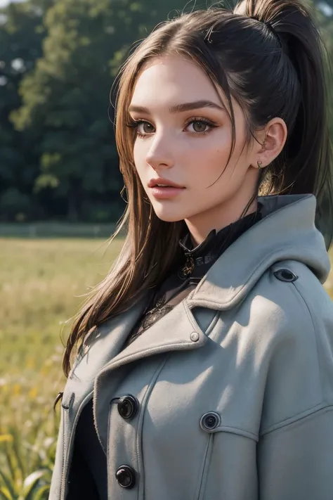 headshot of S168_AlexisGriswold,a stylish woman,in a (field:1.1),wearing a (coat:1.2),(ponytail:1.1),(8k, RAW photo, best quality, depth of field, ultra high res:1.2),(absurdres, intricate, photorealistic, masterpiece, ultra-detailed:1.3),