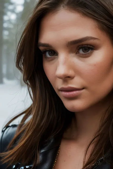 closeup headshot of S168_AlexisGriswold,a beautiful woman,in a (foggy-forest:1.1),wearing a (leather-jacket:1.2),(8k, RAW photo, best quality, depth of field, ultra high res:1.2),(absurdres, intricate, photorealistic, masterpiece, ultra-detailed:1.3),
