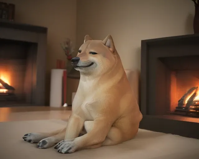 a photo of [(Cheems:1.5):Cheems:9] (sitting), near a fireplace, comfy, soft render, high detail, ultra graphics, cinematic dramatic light, advanced perspective, colourful, happy, bokeh<lora:doge:1.1>