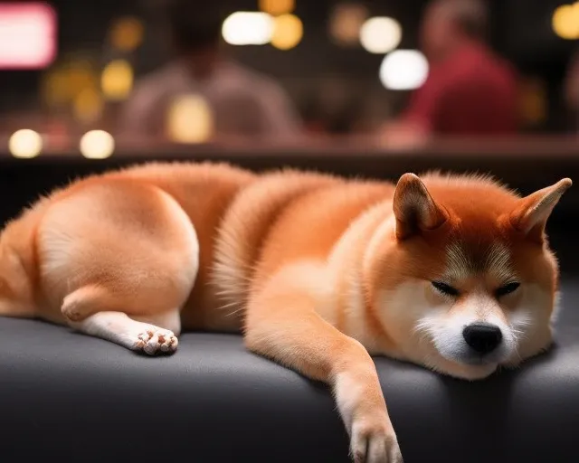a photo of a (shiba inu) sleeping inside a crowded bar, high detail, ultra graphics, cinematic dramatic light, intricate details, advanced perspective, bokeh, square image, <lora:doge:0.8>