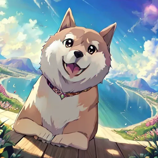 a beautiful photo a happy anime (doge:0.8), sunny summer day, landscape, (Masterpiece:1.2), (best quality:1.2), [high:smooth:10] detail, ((bright colours)), ultra graphics, cinematic dramatic light, intricate details, advanced perspective, perfect scene, square image <lora:doge:0.98>