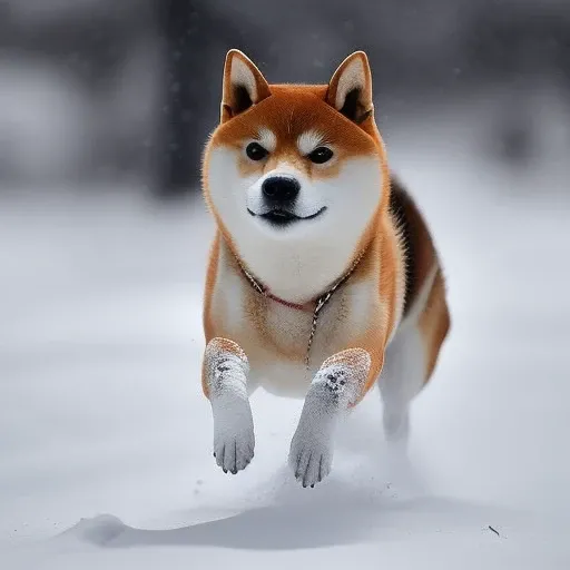 a photo of a (shiba inu) running in snowy winter, high detail, ultra graphics, cinematic dramatic light, intricate details, advanced perspective, bokeh, square image, <lora:doge:0.6>