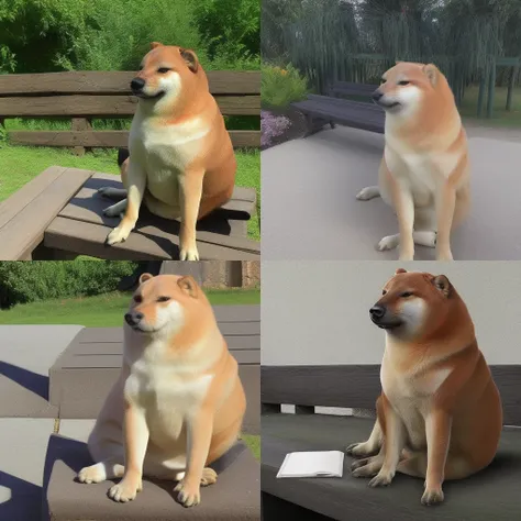 a photo of Cheems sitting on bench<lora:doge:0.99>