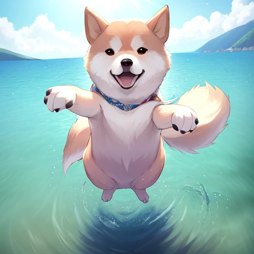 a beautiful photo of a minimalistic smooth gradient (shiba inu:0.8) jumping paws up in the water, sunny summer day, landscape, (Masterpiece:1.2), (best quality:1.2), accurate detail, (bright colours), ultra graphics, cinematic dramatic light, intricate details, advanced perspective, perfect scene, perfect paws, island on the horizon, reflective water, square image <lora:doge:0.7>