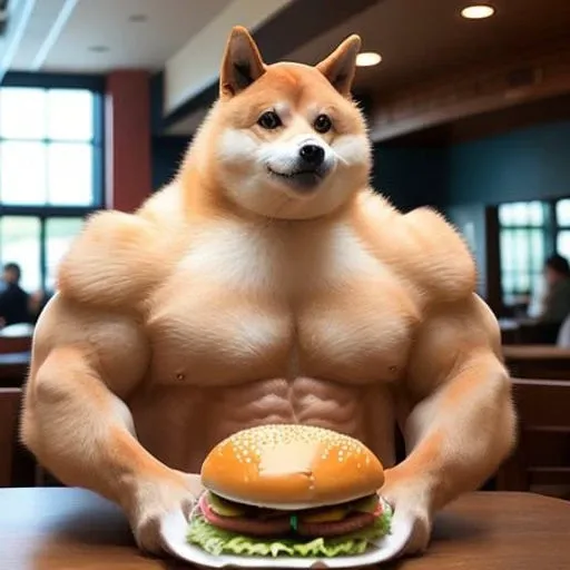 a professional photo of [(((buff Swoledoge))):buff Swoledoge:8], grinning, dog body, eating a large burger in a restaurant, cinematic dramatic light, smooth transition, bokeh  <lora:doge:0.80>