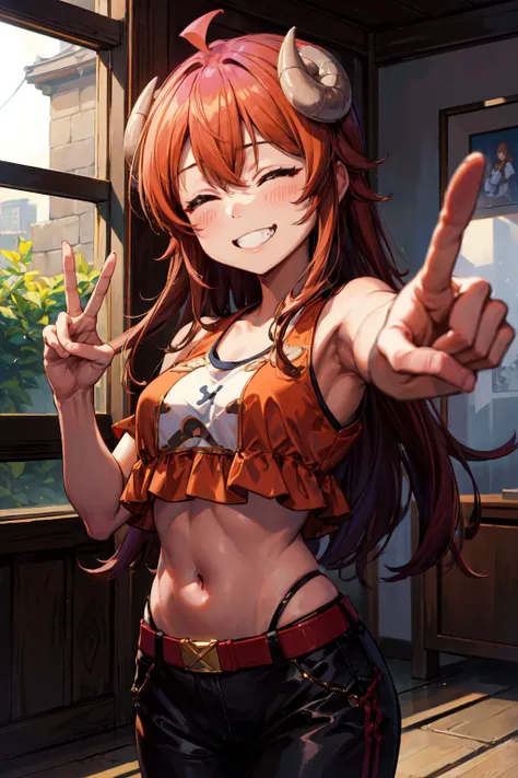 masterpiece, looking at viewer,perfect lighting, yoshida yuuko,sfw, clothed, crop top, pants,
solo, female, 1girl, small,
happy, big smile, closed eyes, grinning, teeth visible, peace sign,
inside,