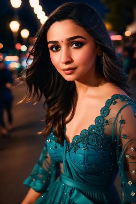 instagram photo, closeup face photo of woman aliab in dress, beautiful face, makeup, night city street, bokeh, motion blur, <lora:aliab:1>