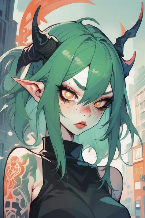 ginger/aqua hair, grey eyes, freckles, freckles, 1girl, v1x0nstyl3 <lora:v1x0nstyl3:0.8> horns, nose, (detailed pupils and retina:1.5), cityscape, loose tank top, tattoos,