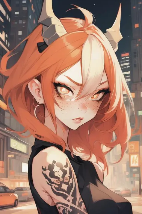 ginger hair, grey eyes, freckles, freckles, 1girl, v1x0nstyl3 <lora:v1x0nstyl3:0.7> horns, nose, (detailed pupils and retina:1.5), cityscape, loose tank top, tattoos,