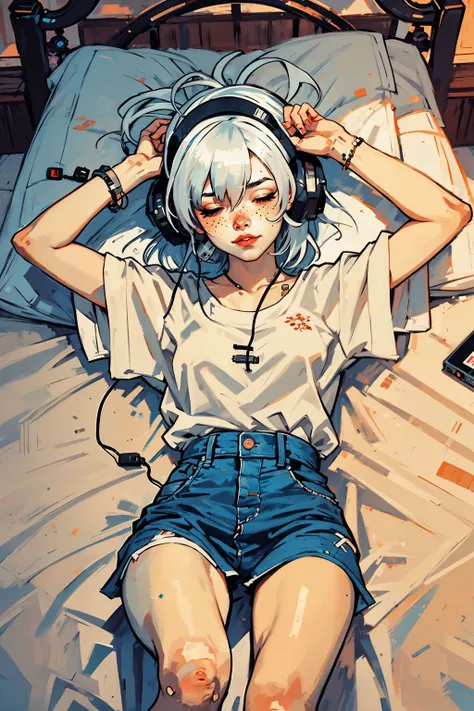 1girl, lying on a bed, relaxing, white hair, freckles, headphones, parted lips, smile, closed eyes, oversized shirt, boyfriend shirt, bare legs, small room,  from above, morning, bright colors, <lora:v1x0nstyl3:1.0> v1x0nstyl3