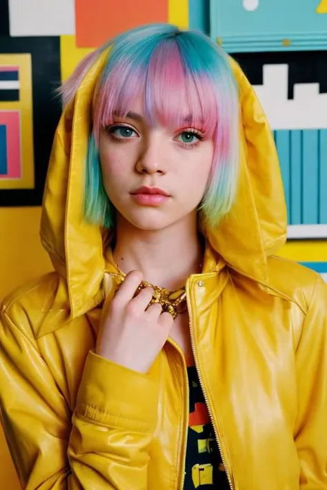 Film still, cinematic,, flash photography, 2005 cute emo woman by sachin teng, scene girl, pastel hair, vibrant yellow background, 80s art by ettore sottsass and shiro kuramata, sharp focus, detailed skin texture, detailed eyes,