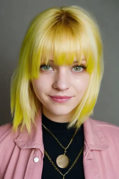 Film still, cinematic, flash photography, 2005 cute emo woman, smiling, scene girl, pastel hair, vibrant yellow background, sharp focus, detailed skin texture, detailed eyes,