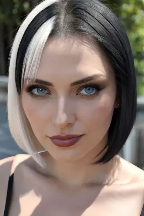 full body image, (masterpiece, best quality, hires, high resolution:1.2, 4k, 8k , high quality), extremely detailed, realistic, intricate details, highres, 1girl, solo, (large breasts, thick thighs, wide hips), arched back, dark blue eyes, split-color hair, white and black hair, hair in 1 three-strand braid, (cinematic lighting, sunlight, perfect lighting, backlighting), eye-level shot, extreme close-up-shot, looking at viewer, fishnet bodysuit, reverse bunnysuit, heart pasties,