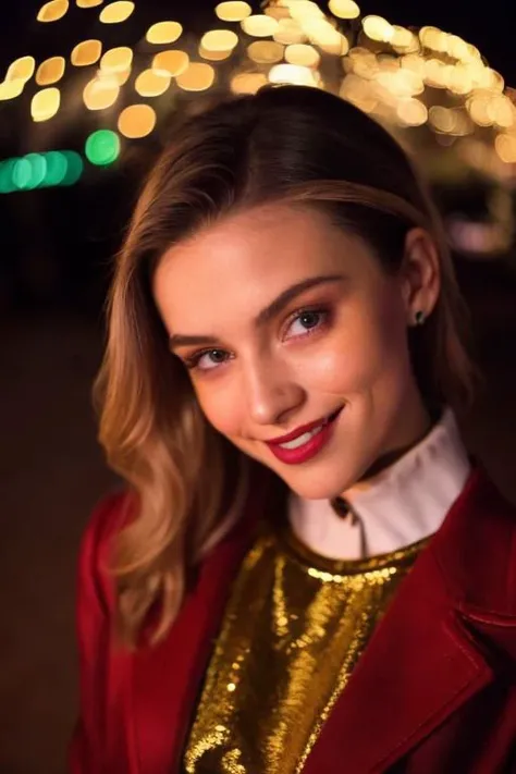 Film still, cinematic, fashion editorial portrait of a cute woman, Christmas lights, smiling, full body, motion blur, slow shutter speed, bokeh, shot on film, sharp focus, shot on canon, vibrant tones, colorful, low key, (detailed skin texture, detailed eyes)
