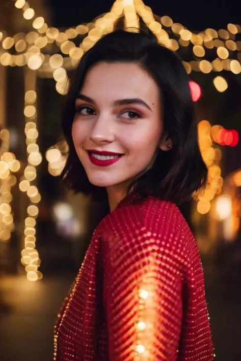 Film still, cinematic, fashion editorial portrait of a cute woman, Christmas lights, smiling, full body, motion blur, slow shutter speed, bokeh, shot on film, sharp focus, shot on canon, vibrant tones, colorful, low key, (detailed skin texture, detailed eyes)