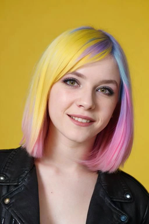 Film still, cinematic, flash photography, 2005 cute emo woman, smiling, scene girl, pastel hair, vibrant yellow background, sharp focus, detailed skin texture, detailed eyes,