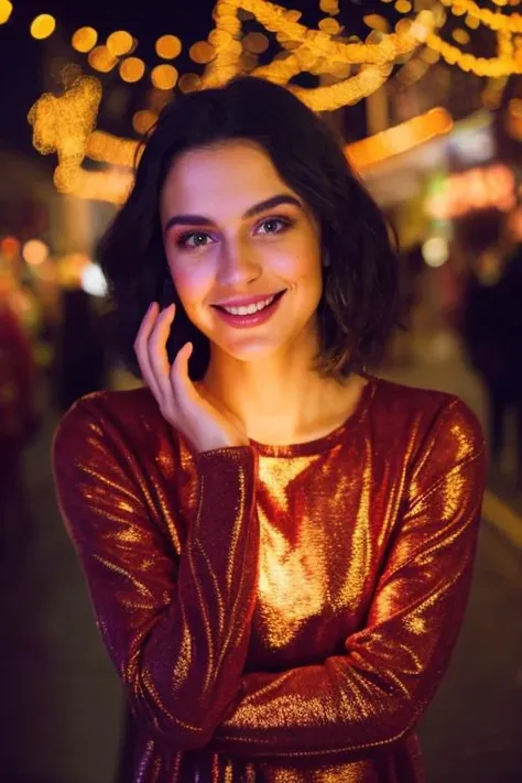Film still, cinematic, fashion editorial portrait of a cute woman, Christmas lights, smiling, full body, motion blur, slow shutter speed, bokeh, shot on film, sharp focus, shot on canon, vibrant tones, colorful, low key, (detailed skin texture, detailed eyes)