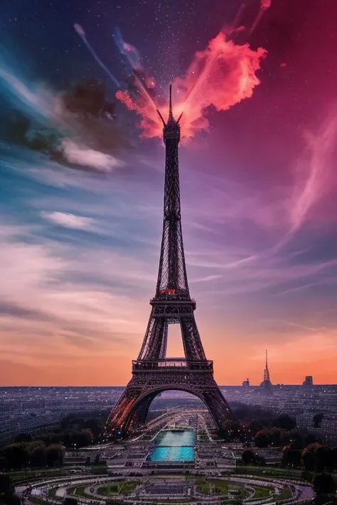 A photo of a futuristic setting, aliens, war, one Tour Eiffel, fire, sky