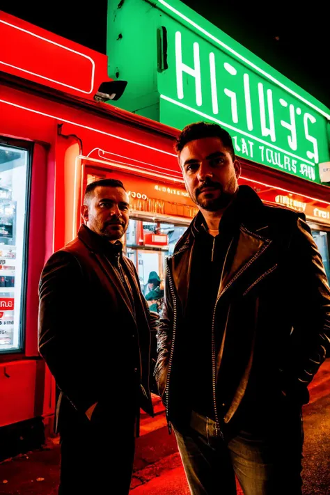 (masterpiece, best quality, high resolution:1.2),
HDR, shot on Canon 5D Mark II, depth of field,
2 gangsters in city street full on neon signboards, <lora:ZH_ShotByElsaBleda_v1:0.8>, zh_shot_by_elsa_bleda, realistic, dark, portrait