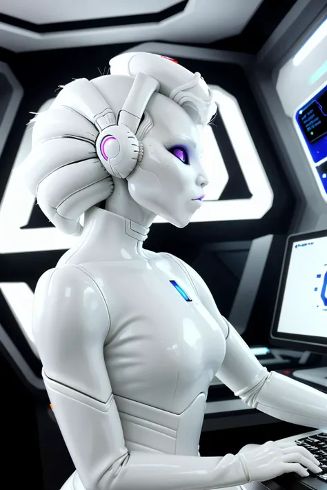 alien, white skin, (white lips:1.4), side profile, plastic, shiny, reflections, fluffy hair.
Typing on a computer screen in a space station,
<lora:FemAlien:0.8>