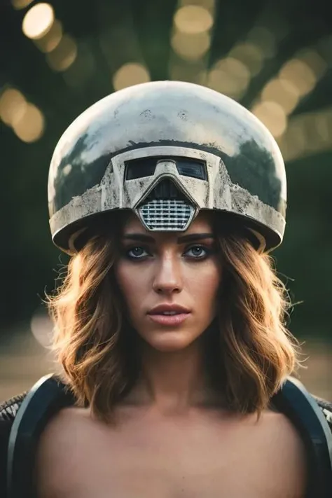 Film still, cinematic, fashion editorial portrait of a stormtroop 20 years old woman from Star Wars, naked with helmet, exposed body, white pastel colors, dark lights, motion blur, slow shutter speed, bokeh, shot on film, sharp focus, shot on canon, vibrant tones, colorful, low key, (detailed skin texture, detailed eyes)