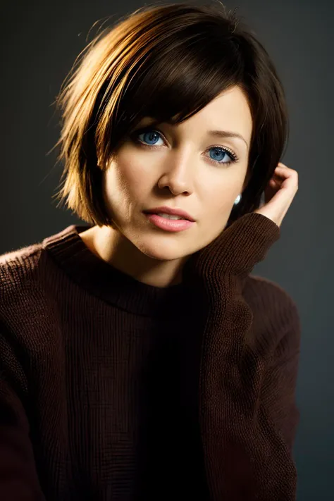 <lora:DanniiMinogueSD-000001:0.8> danniiminogue, looking at viewer, short hair, dark hair, face, sweater, black background, realistic, lines, wrinkles, brown skin, dark blue eyes,