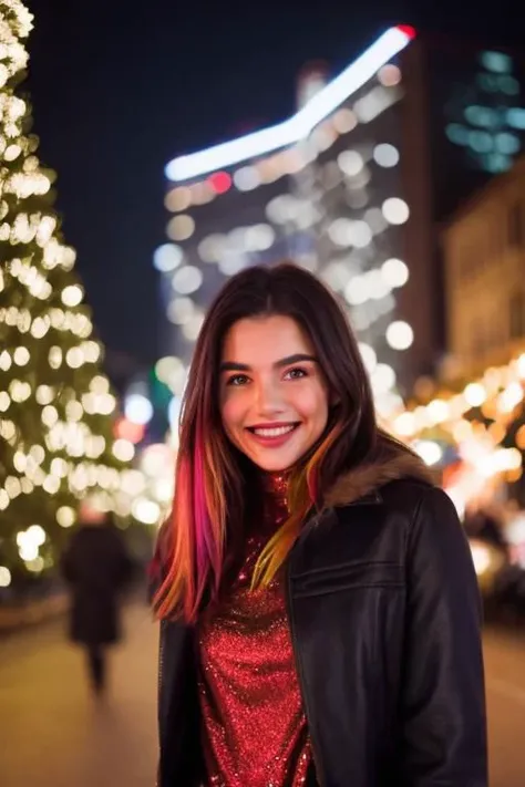 Film still, cinematic, fashion editorial portrait of a cute woman, Christmas lights, smiling, full body, motion blur, slow shutter speed, bokeh, shot on film, sharp focus, shot on canon, vibrant tones, colorful, low key, (detailed skin texture, detailed eyes)