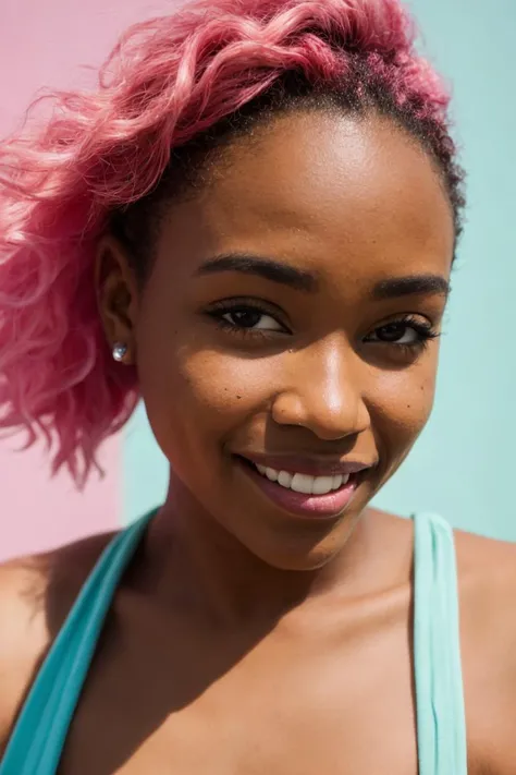Film still, cinematic, African American woman, smiling, scene girl, pastel hair, vibrant yellow background, sharp focus, detailed skin texture, detailed eyes,