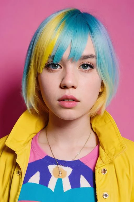 Film still, cinematic,, flash photography, 2005 cute emo woman by sachin teng, scene girl, pastel hair, vibrant yellow background, 80s art by ettore sottsass and shiro kuramata, sharp focus, detailed skin texture, detailed eyes,